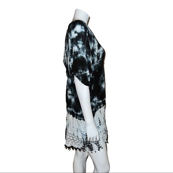 Raviya Black Tie Dye Tunic Deep V Neck Tie Crochet Swimsuit Cover Up Large NWT - Picture 4 of 7